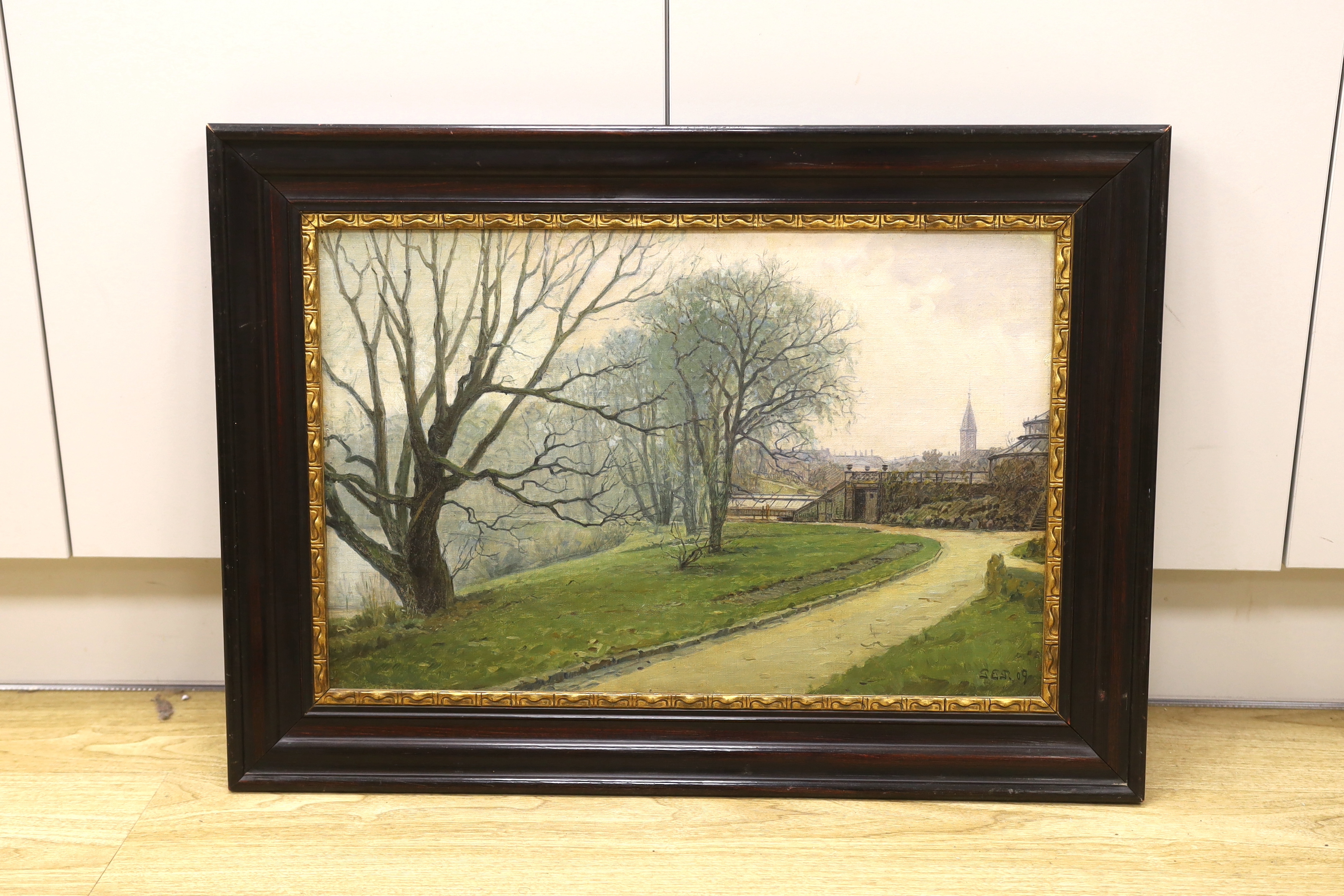 English School c.1910, oil on canvas, Copenhagen Botanical Gardens, initialled J E J and dated '09, 36 x 56cm